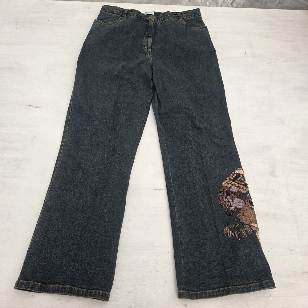 Jane Seymour Women’s 16 Dark Wash Blue Denim Straight Jeans Embroidered